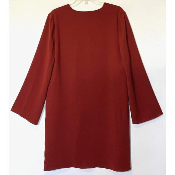 New Theory Ulyssa Admiral Brick Red V-Neck Bell Sleeve Dress - Made in USA - Picture 3 of 10